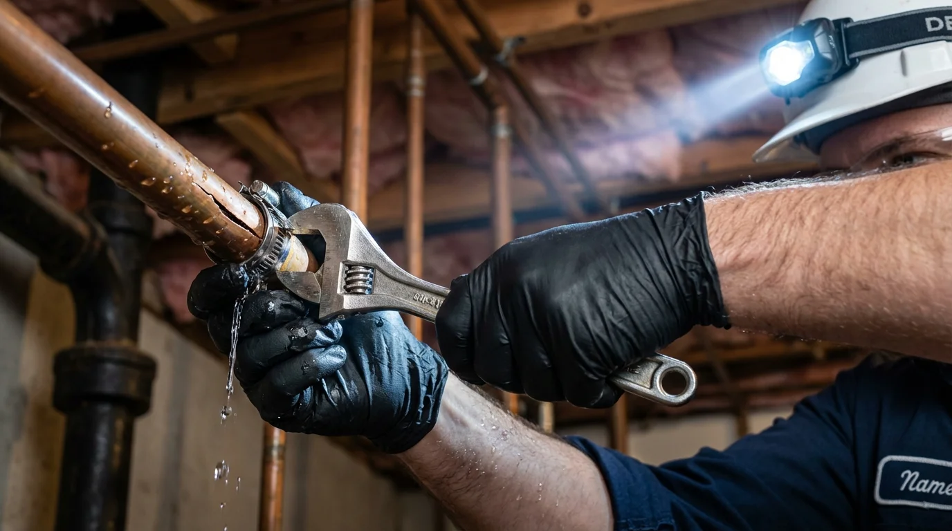 Emergency pipe clamp repair being performed by a Johns Plumbing LLC plumber in Moorpark