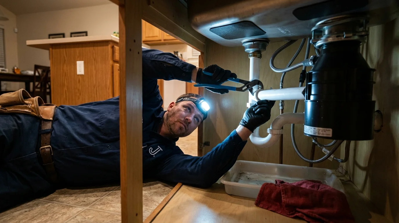 P-trap and supply line connections under a kitchen sink showing a common leak point in Moorpark, CA